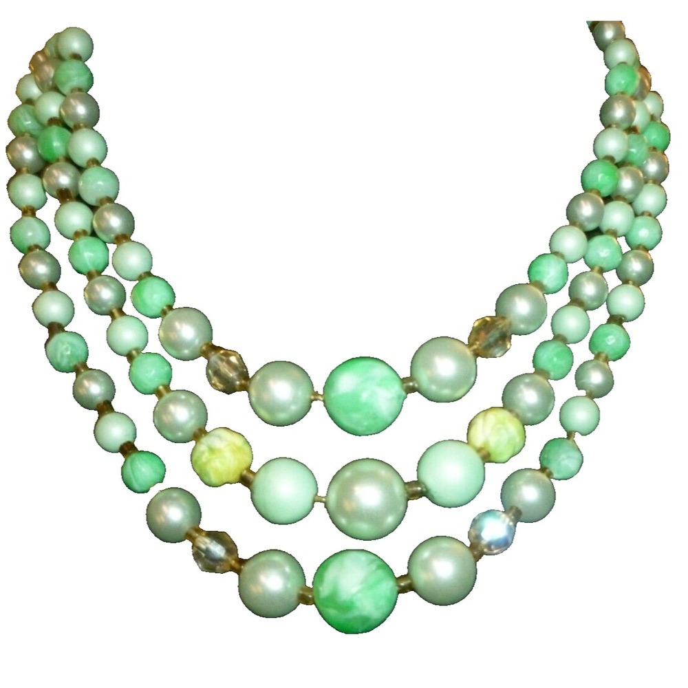 Vintage 1950s Seafoam Moonglow Lucite & Faux‎ Pearl 3-Strand Choker Necklace